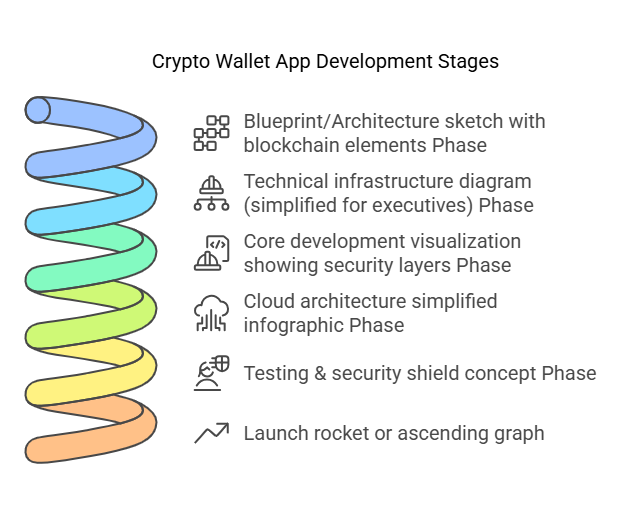 The infographic illustrate a process of crypto wallet app building