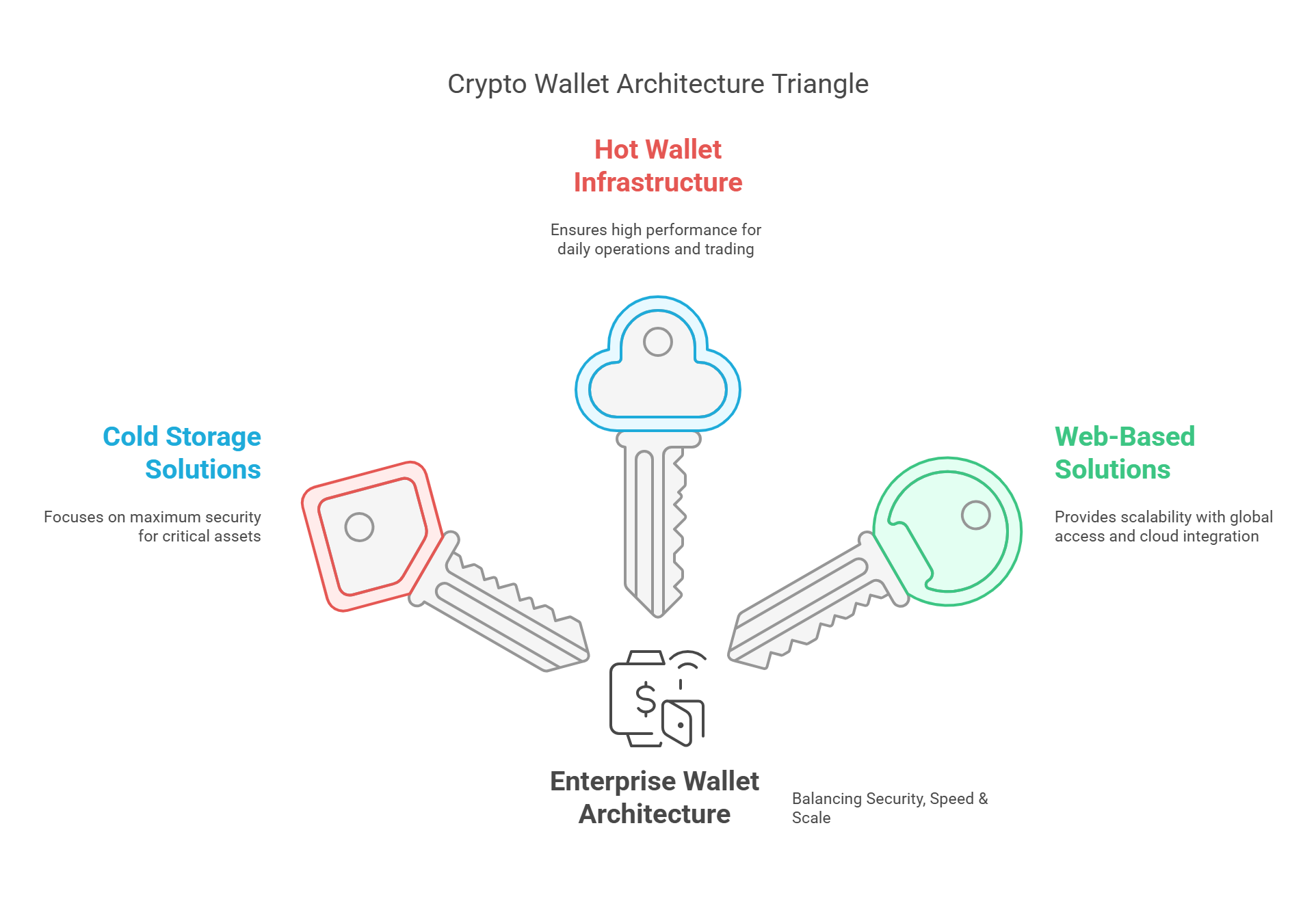 The infographic illustrate Crypto Wallet Architecture Triangle