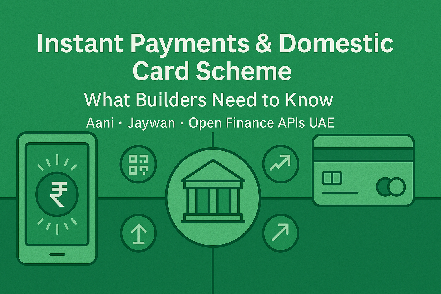 Green header graphic reading “Instant Payments & Domestic Card Scheme: What Builders Need to Know” with “Aani • Jaywan • Open Finance APIs UAE,” plus icons of a smartphone, bank building, and payment card.