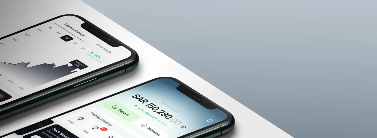 Close-up of an iPhone showing a mobile finance app with a “Wallet Value” balance of 150,280.00 on a blue gradient screen and a notification bell icon.