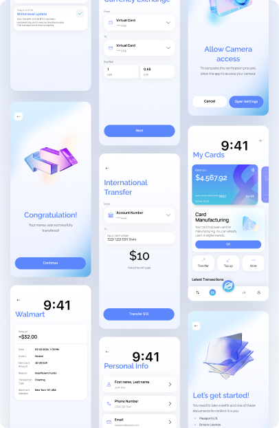 Collage of mobile banking app UI screens with a blue gradient theme, showing currency exchange, international transfer, card dashboard (“My Cards”), camera access prompt, personal info form, and success/receipt screens.