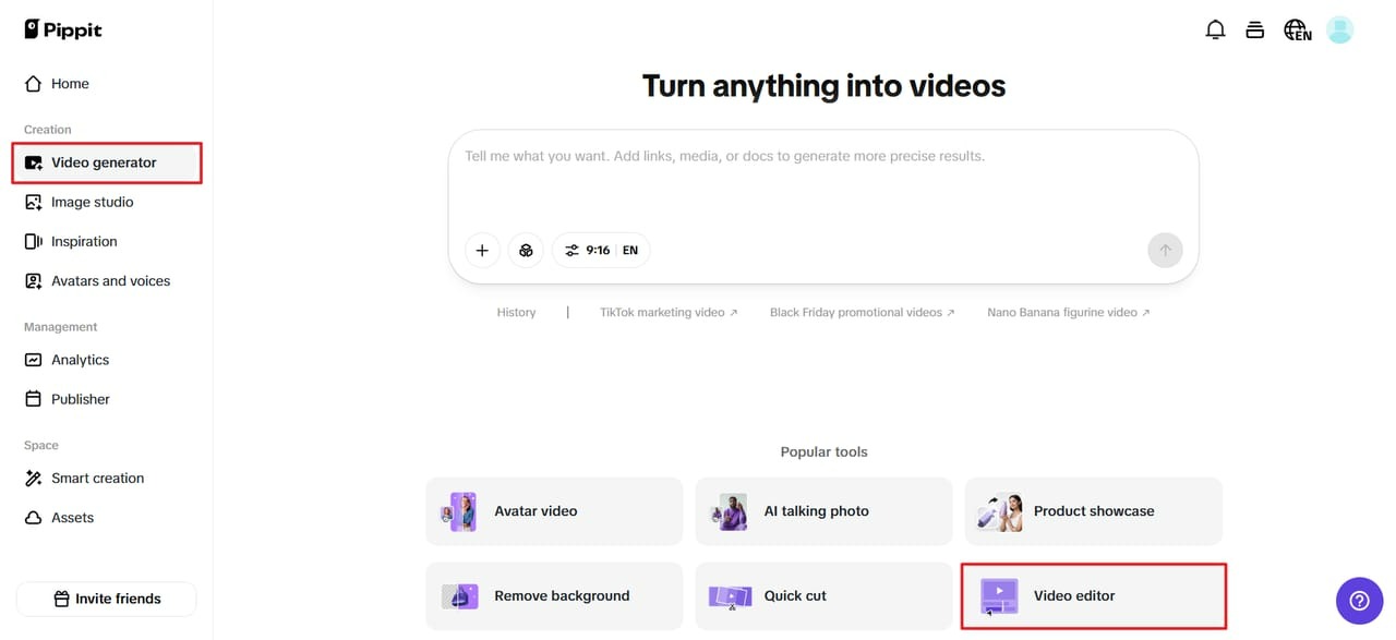 Pippit interface video editor